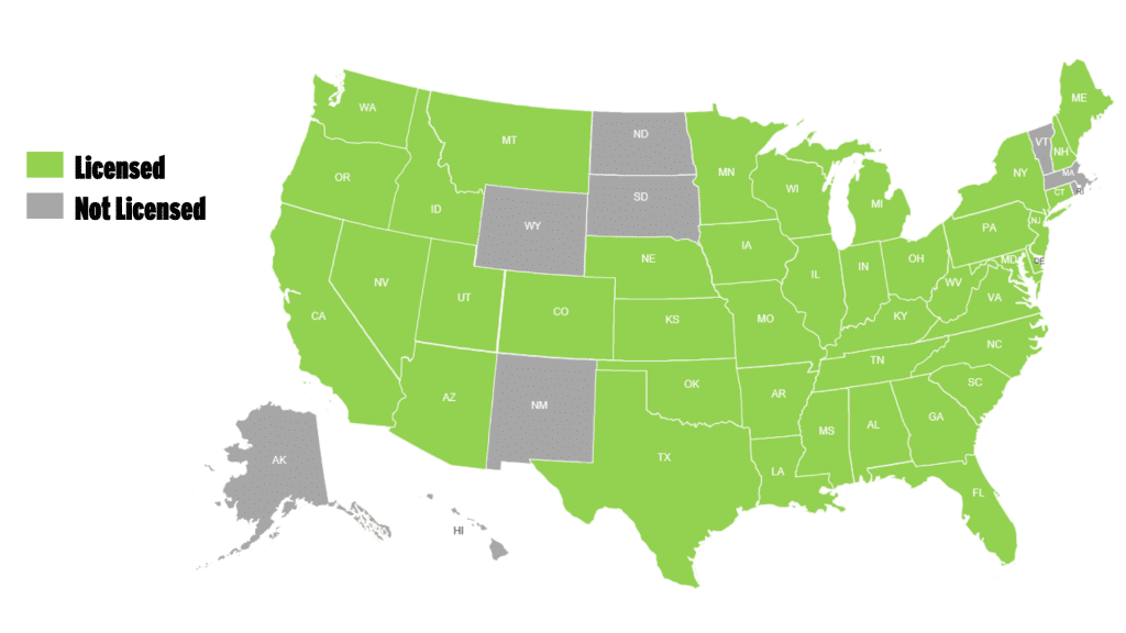 U.S. map color-coded by licensing status: green states are Licensed, gray states are Not Licensed, legend on left explains colors.