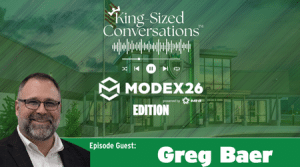 Promo banner for King-Sized Conversations Modex26 Edition, Episode Guest Greg Baer; portrait of Greg Baer in the bottom-left with a green tinted background.