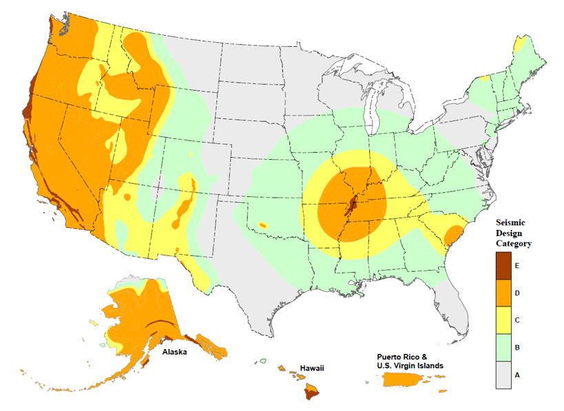 Map of the United States showing seismic design categories (A–E) by color, with highest risk in a central ring; legend on the right.