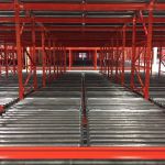 wide roller pallet flow rack with entry guides